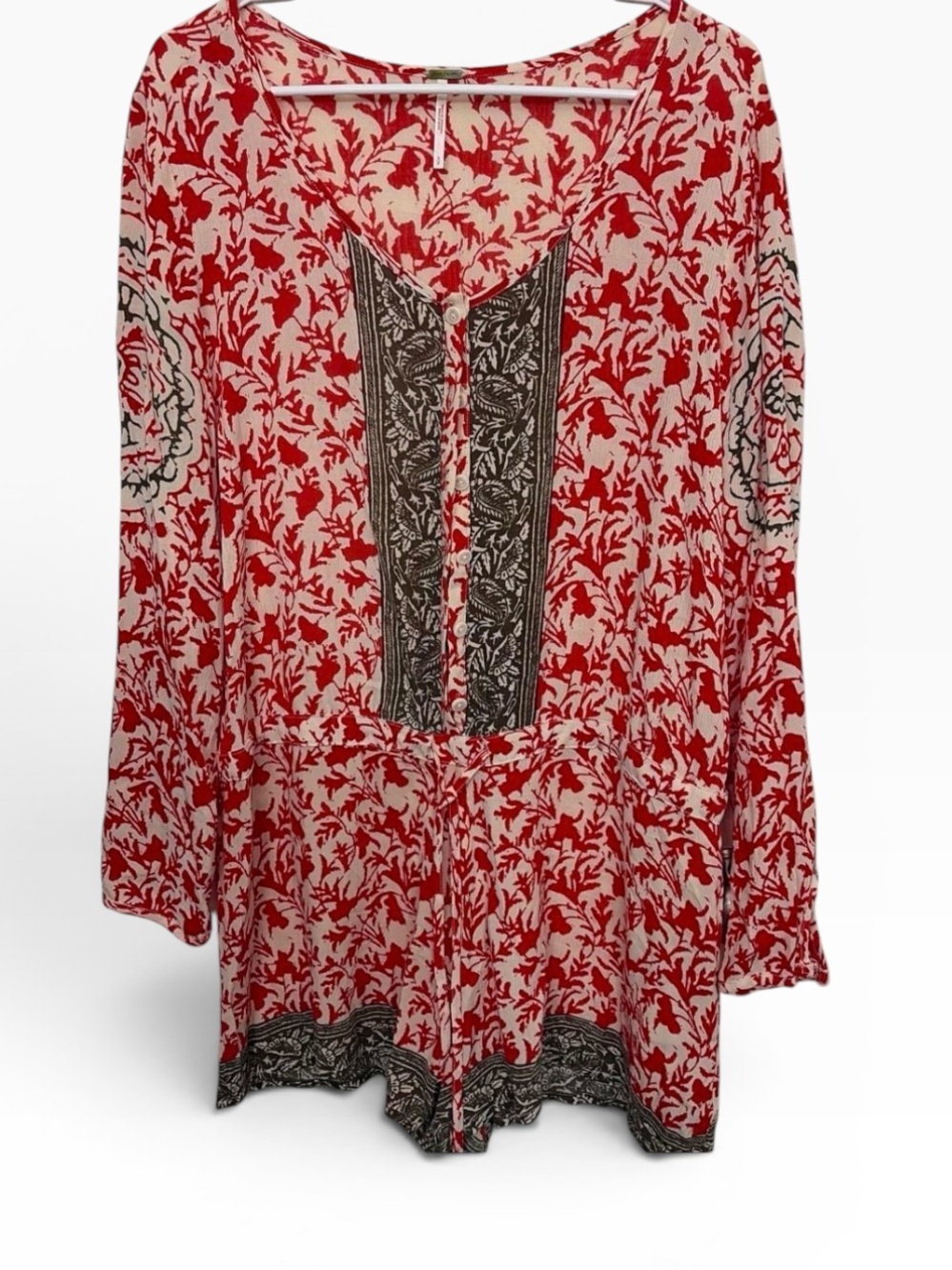 Free People Red Cream w Black Floral Print Boho Romper Summer Festival Small